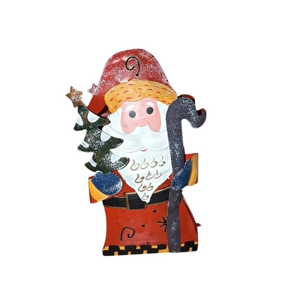 Santa Claus Tin Metal Votive Tea Light Candle Primitive Vintage Christmas Holder